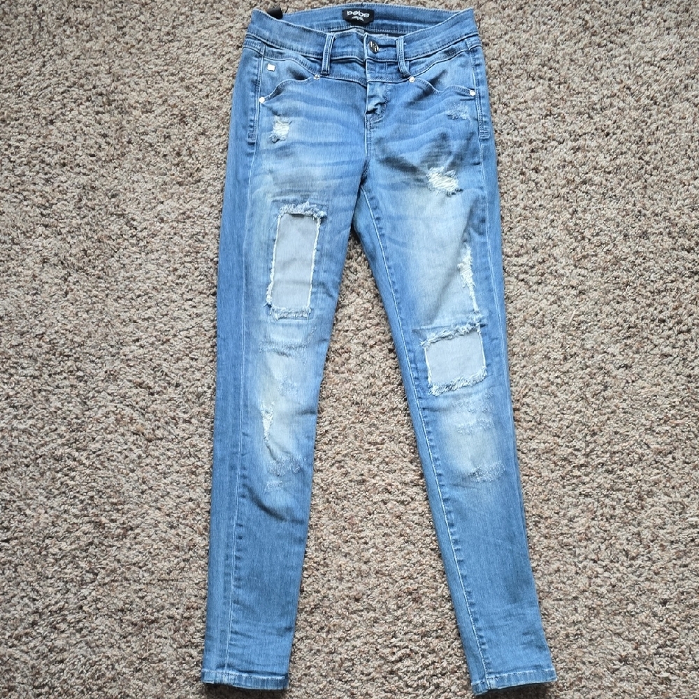 bebe Light Blue Distressed Skinny Jeans with patches Y2K